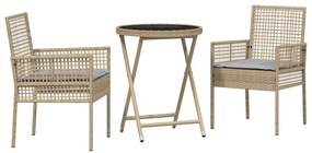 Set bistro da giardino a 3 pezzi con cuscini beige in polyrattan