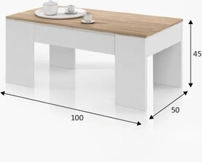 Tavolino Da Salotto Con Piano Elevabile 50x100x45 Cm Rovere E Bianco