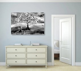 Quadro su tela – Aironi sotto un albero magico in bianco e nero
