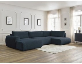 Divano angolare in blu scuro allungabile (con penisola a sinistra/a forma di "U") con rivestimento in velluto a coste Lucien – Bobochic Paris