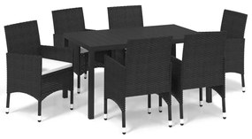 Set da pranzo per giardino 7 pz con cuscini polyrattan nero