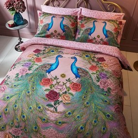 Set copripiumino e federa rosa in raso di cotone per letto matrimoniale e per letto esteso 230x220 cm Xanadu Peacock – Matthew Williamson