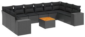 Set divani da giardino 11 pz con cuscini in polyrattan nero