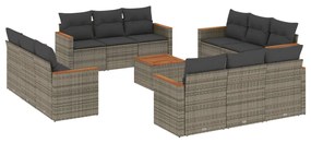 Set divani da giardino 13 pz con cuscini grigio in polyrattan