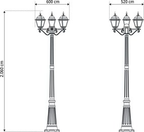 Lampione Storico con 3 Lanterne 200cm E27 IP54 Nero - Serie ALFIERI