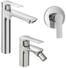 Set miscelatori lavabo alto bidet e doccia Flat con piletta click clack