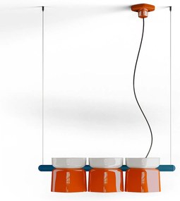 Lampadario Decò Yakitori Ceramica Bianco Arancio Volpe Metallo Blu 3 Luci E27