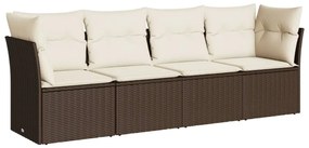 Set Divano da Giardino 4 pz con Cuscini Marrone in Polyrattan