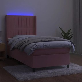 Letto a molle con materasso e led rosa 90x200 cm in velluto