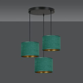 Lampadario Tondo 3 Luci Ganesha In Acciaio Nero E Paralumi In Tessuto Verde